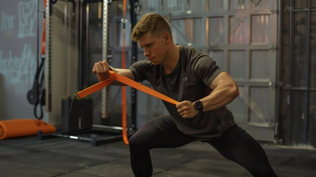 Young man wearing black workout clothes using a resistance band to do a resistance band workout in a gym