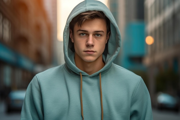 Photo a young man wearing a blue hoodie that says  hes wearing a hoodie