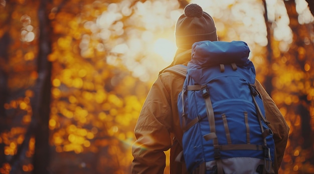 Photo a young man wearing a brown jacket and hat carrying his backpack while walking in the forest