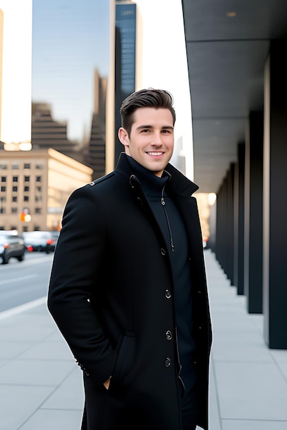 Young man wearing casual navy coat smiling in the city background