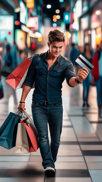 Photo a young man wearing a dark shirt and jeans carried several bags to go shopping with a credit card