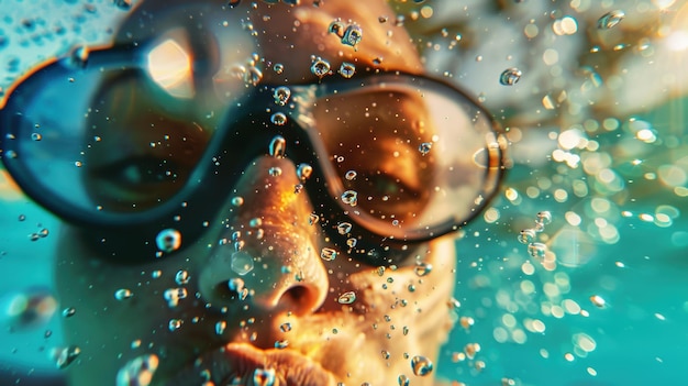 Photo young man wearing diving mask blowing bubbles underwater in swimming pool