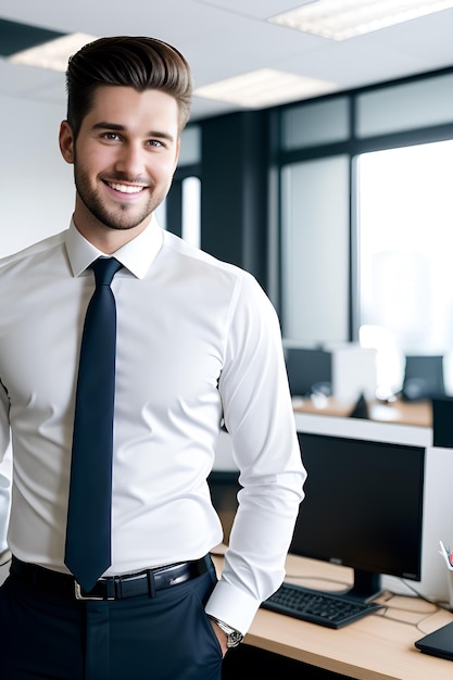 Young man wearing dress shirt at work smiling