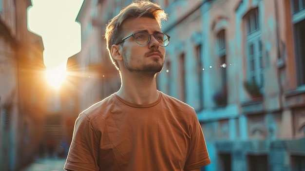 Photo a young man wearing glasses and a brown tshirt standing in a sunlit street looking contemplative