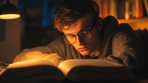 Photo young man wearing glasses concentrating on a book in dimly lit room