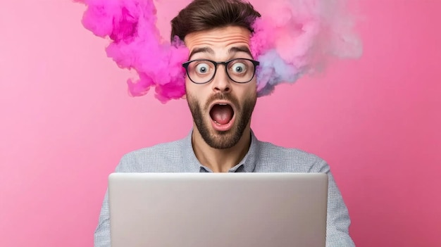 Photo a young man wearing glasses expresses shock and excitement as colorful smoke billows from behind his head he sits in front of a laptop revealing a moment of surprise at unexpected information