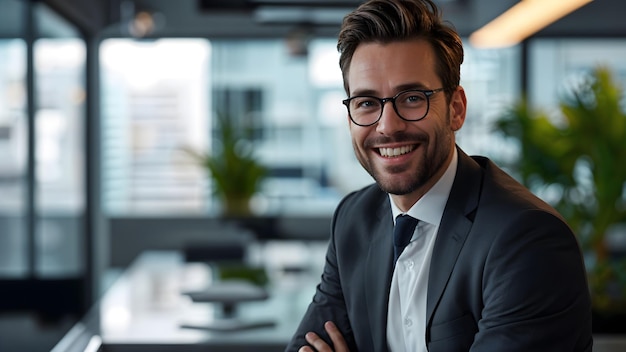 Young Man Wearing Glasses in a Formal Suit Smiles in front of an Open Office