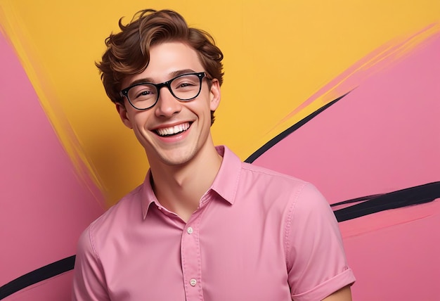 a young man wearing glasses and a pink shirt smiles for the camera