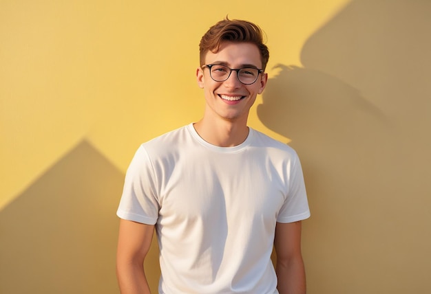 Photo a young man wearing glasses smiles against a yellow wall