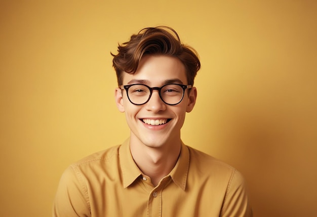 a young man wearing glasses and smiling with a yellow background