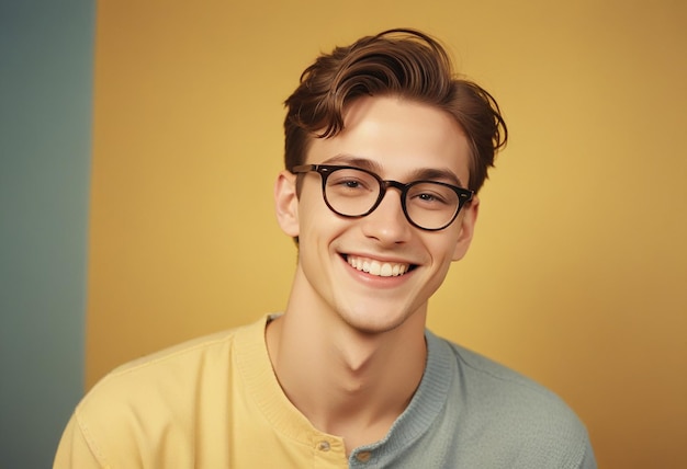 a young man wearing glasses and smiling with a yellow background