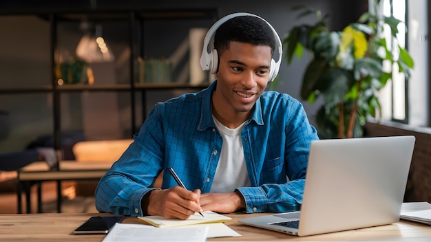 A young man wearing headphones is sitting at a table with a laptop and taking notes