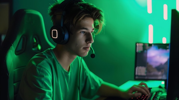 Photo a young man wearing headphones sits in a green room and plays a video game on his computer