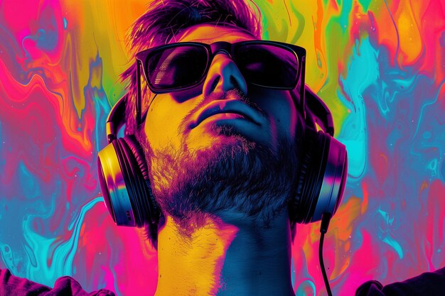 Young man wearing headphones and sunglasses listening music on a colorful background Vibrant pop