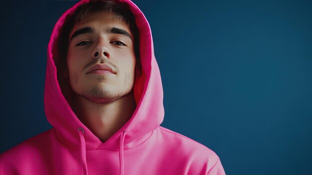 Photo young man wearing a pink hoodie against a blue background looking confidently at the camera in a casual indoor setting