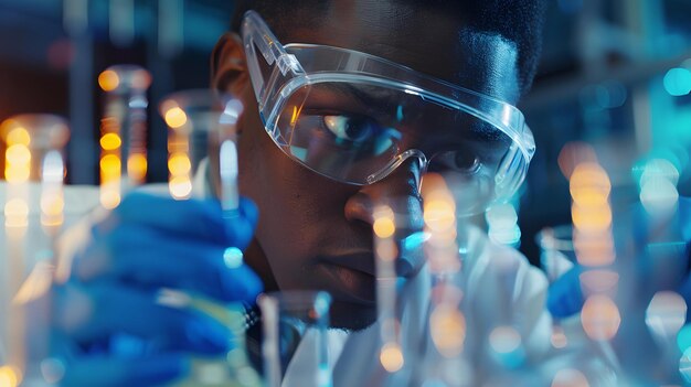 Photo a young man wearing a protective suit is working in a laboratory