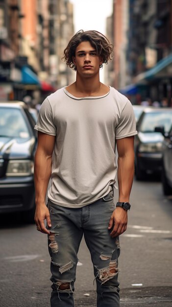 Young Man Wearing Ripped Jeans and White TShirt Stands on Urban Street