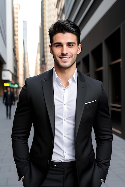 Young man wearing suit in the city background