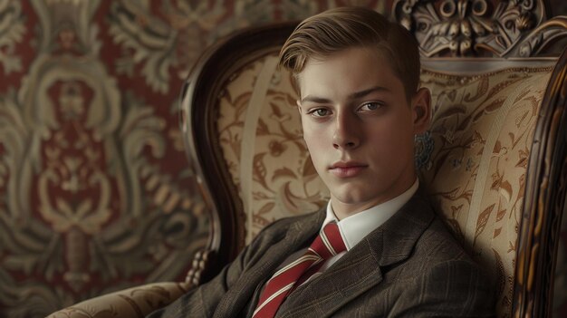 Photo a young man wearing a suit and tie sits in a chair