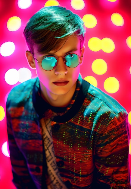 Photo a young man wearing sunglasses in front of a colorful background with lights.