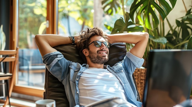 Photo a young man wearing sunglasses leans back in a chair with his arms behind his head he is smiling and appears to be enjoying his leisure time a laptop sits on the table in front of him