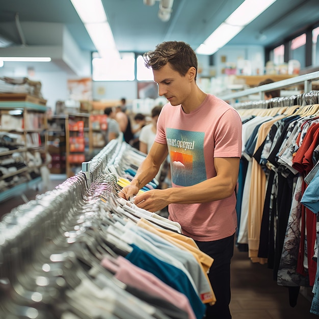 Young Man Wearing TShirt Buying Cloth at Store