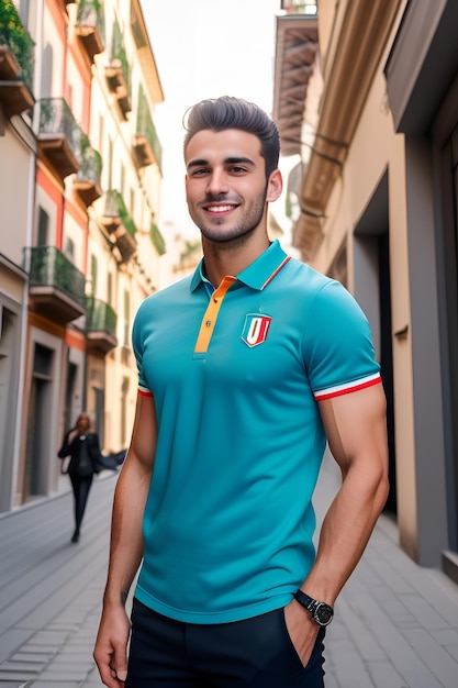 Young man wearing turquoise casual shirt smiling in the city background