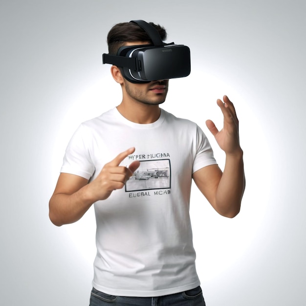 A Young Man Wearing and Using Virtual Reality Headset Realistic Image