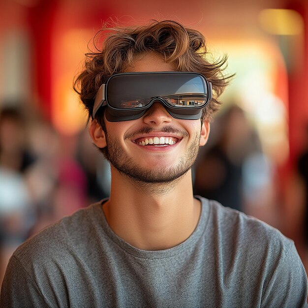 Photo a young man wearing virtual reality glasses on a red background