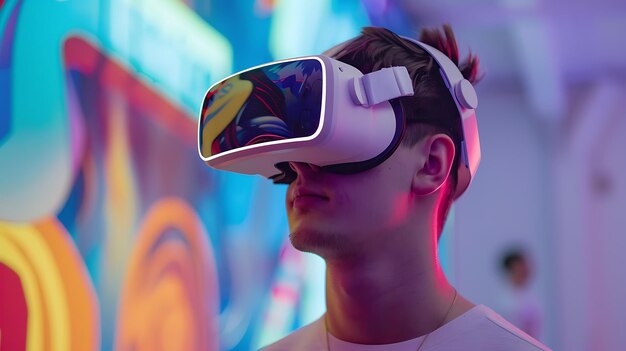 Young man wearing a virtual reality headset and exploring a virtual world