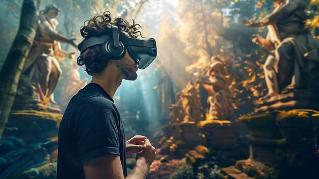 Young man wearing a virtual reality headset and headphones is standing in a beautiful forest