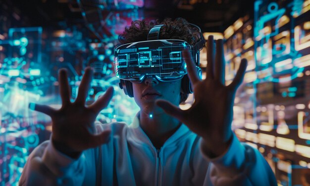 A young man wearing virtual reality VR headset representing the future of technology