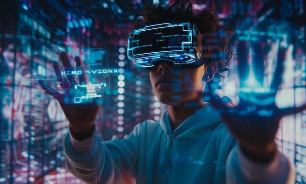 A young man wearing virtual reality VR headset representing the future of technology