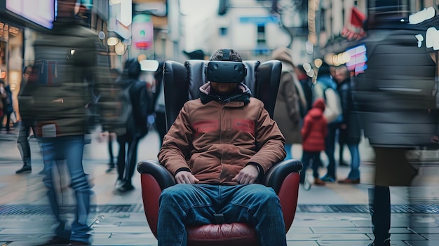 Young man wearing VR goggle headset on the busy street with many people walking by