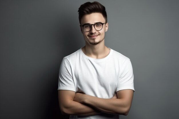 Young man wearing white blank t shirt and glasses standing with crossed arms and happy smile looking confident isolated on gray background