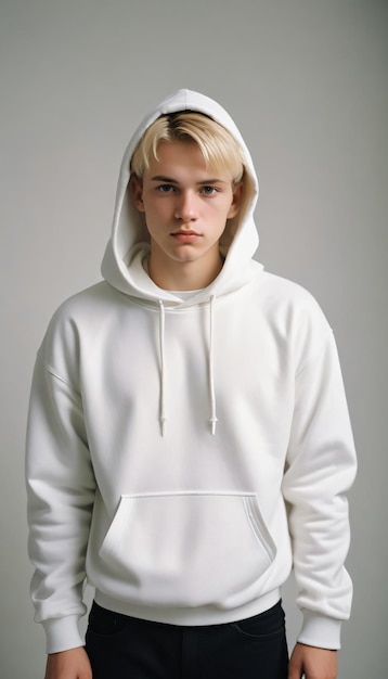 Photo a young man wearing a white hoodie with a hoodie on it