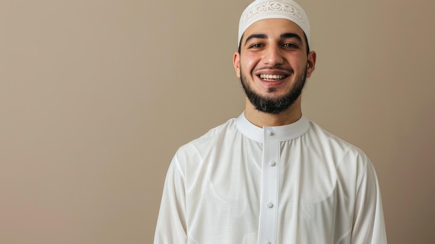 A Young Man Wearing a White Thobe and a White Skullcap Smiles at the Camera