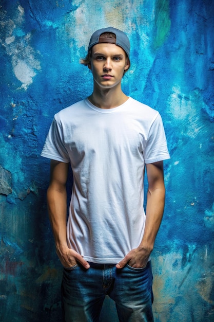 Young Man Wearing a White TShirt and Jeans Standing Against a Blue Wall Generative AI