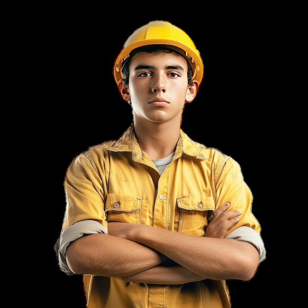 a young man wearing a yellow hard hat and standing with his arms crossed