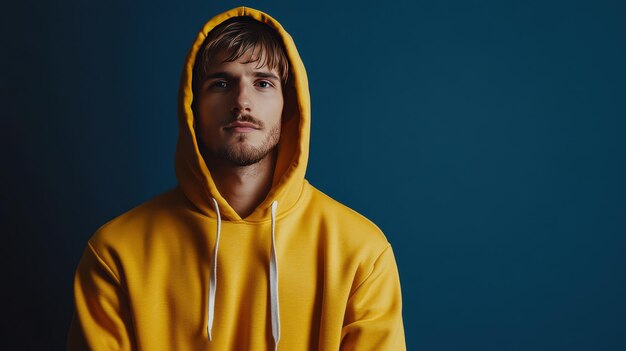 Young man wearing a yellow hoodie poses against a blue background with a contemplative expression