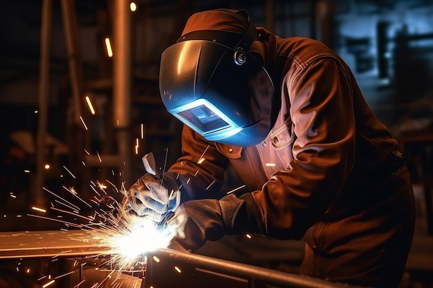 A young man welder in brown uniform welding mask and welders leathers weld metal