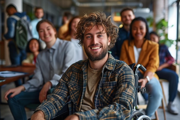 Young man in a wheelchair works with normal people with confidence in the office