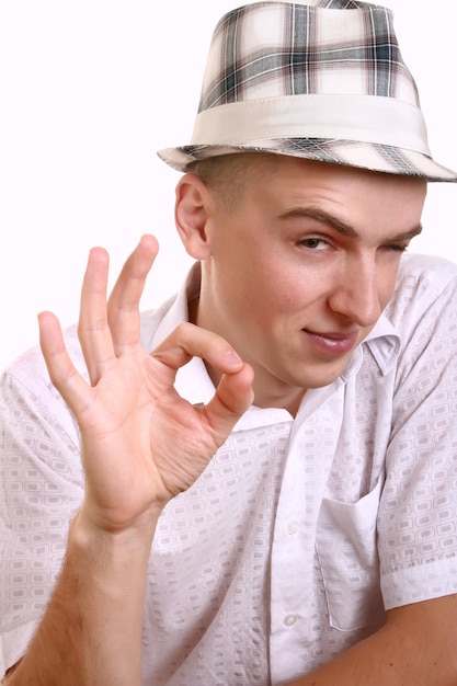 A young man in  on a white background