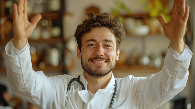 A young man in a white coat raised his hands up and pray Beige background Doctor praying