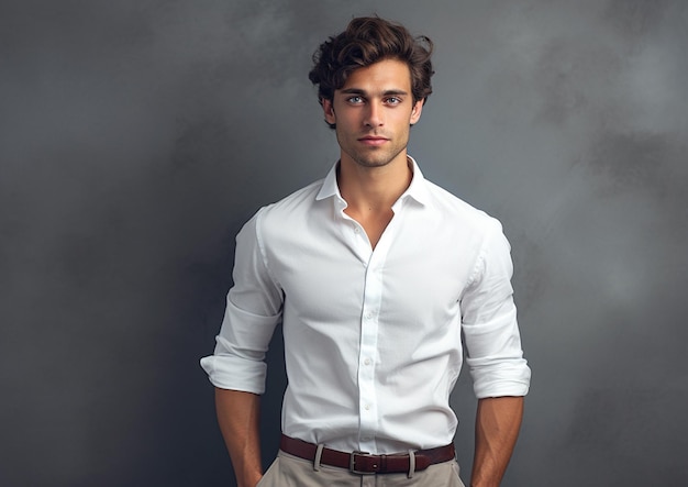 A young man in a white shirt posing in front of gray backgrounds with Generative AI