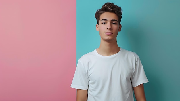 Photo a young man in a white shirt stands in front of a colorful wall