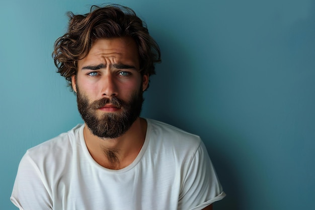 Photo young man in white tshirt looking sad on light blue background