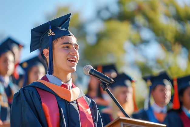 A young man who is valedictorian and a student gives a graduation address to other graduates Generative Ai