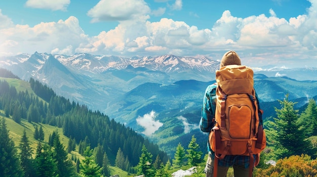 Young man with a backpack hiking in the mountains