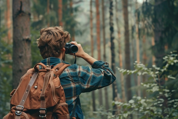 Young man with backpack looking at the binocularshiking in the forest